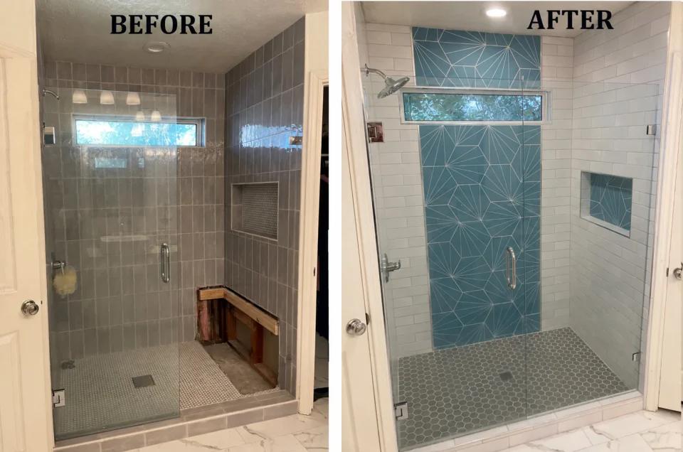 Before and after: blue geometric tile shower