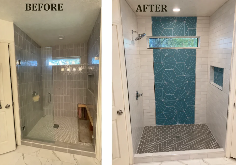 Before and after: front view of the blue geometric tile shower