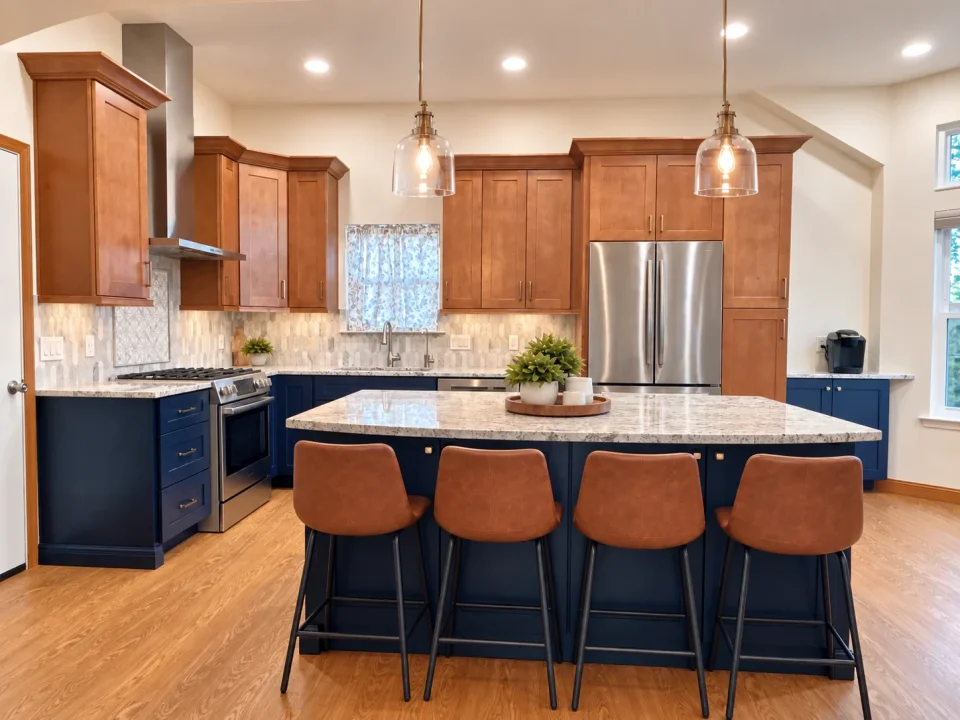 Wood cabinets and a blue kitchen island with four leather stools and clear glass pendant lights