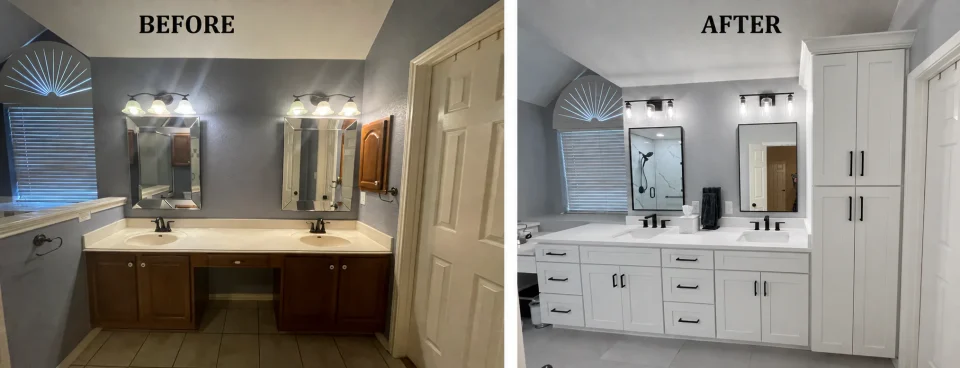 Before and after: bathroom vanity with white cabinetry and quartz countertop
