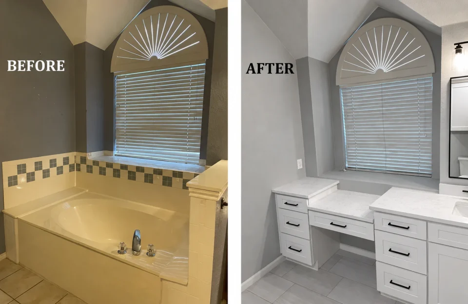 Before and after: bathtub area converted to white cabinetry