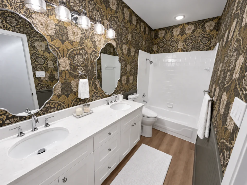 White double vanity and bathtub with botanical wallpaper, chrome fixtures, white towels and a low countertop accessory tray.