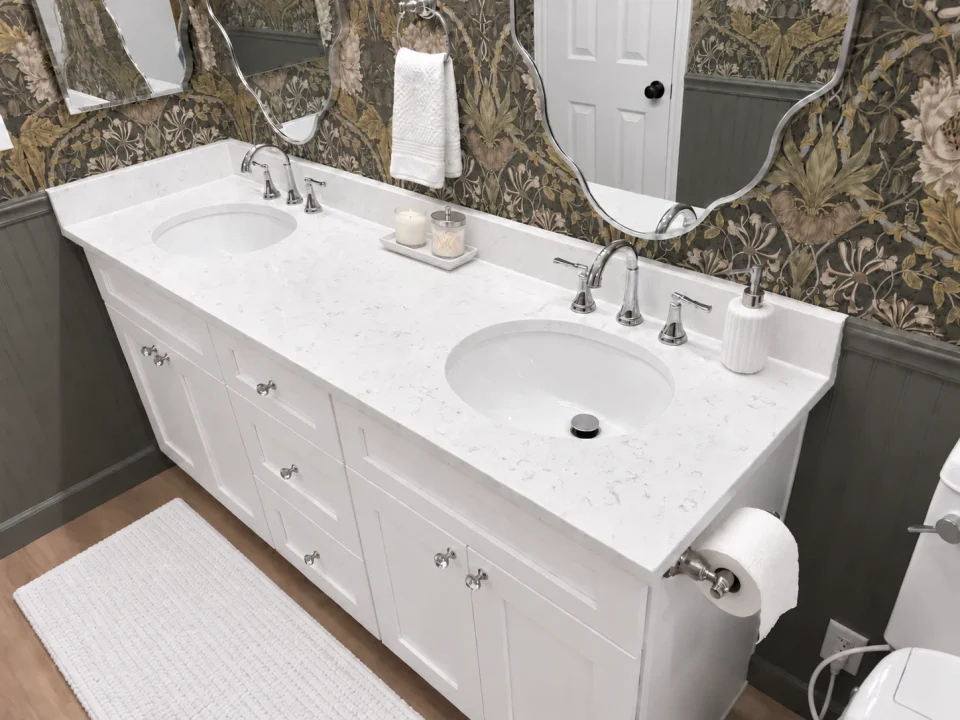 White countertop with fine gray veining, twin sinks and chrome faucets above bright white bathroom cabinetry.