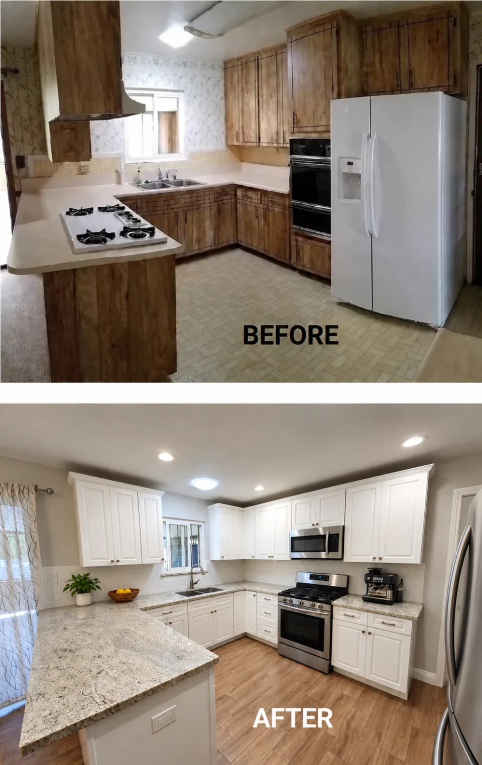 Before-and-after kitchen collage comparing wood cabinetry and a peninsula cooktop with white cabinets, granite counters and a range.