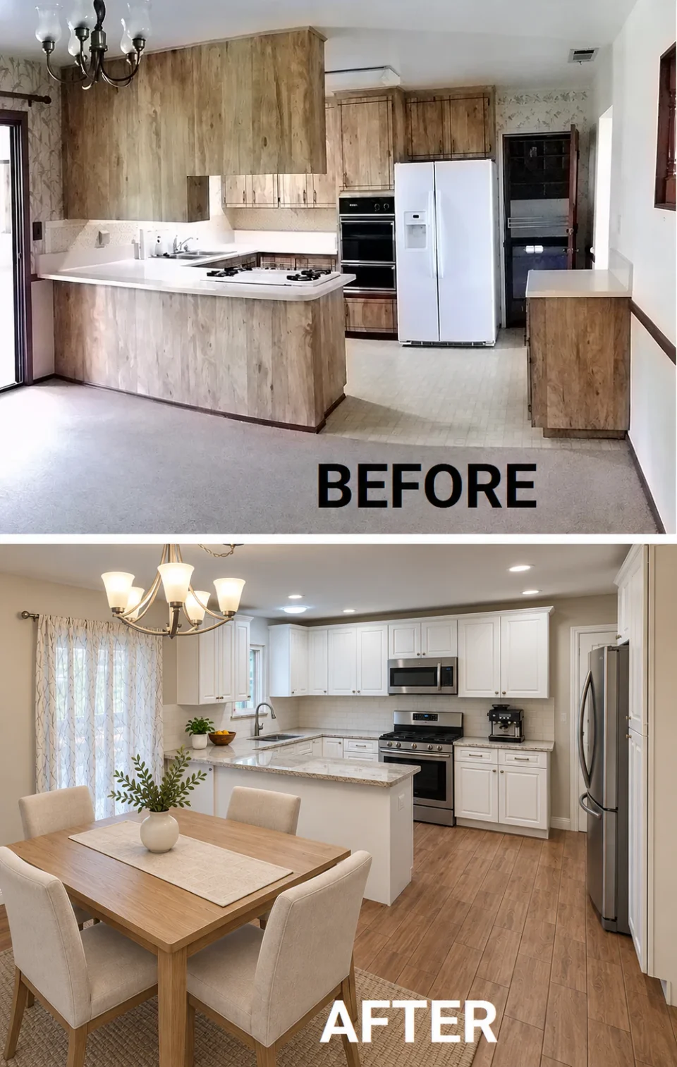 Before-and-after kitchen and dining collage comparing wood cabinetry and carpet with white cabinets, wood-look flooring and an oak dining set.