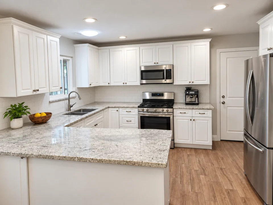 Front view of a white kitchen with a granite peninsula, double sink, stainless range and refrigerator.