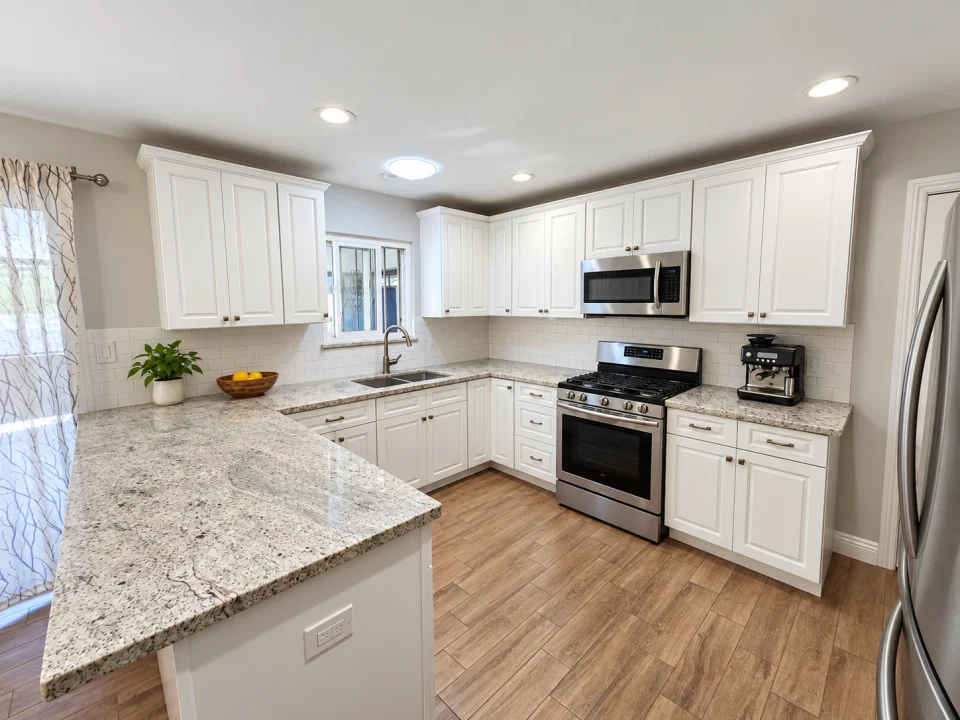 White kitchen with a granite peninsula, subway tile backsplash, stainless appliances and a small plant.