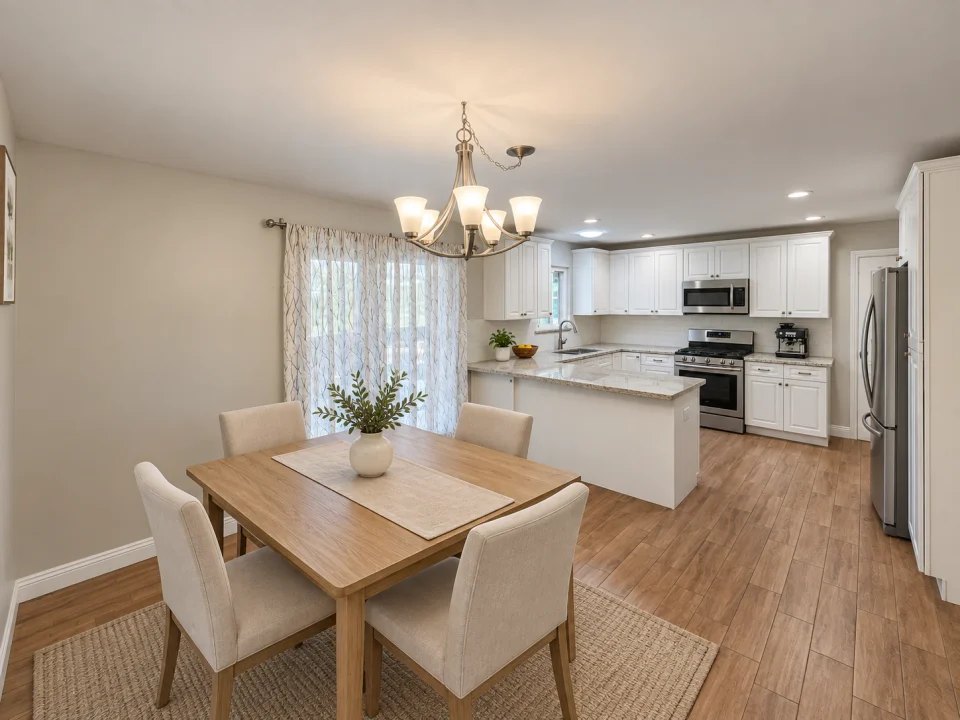 Oak dining table with upholstered chairs beside a white kitchen with a granite peninsula and stainless refrigerator.