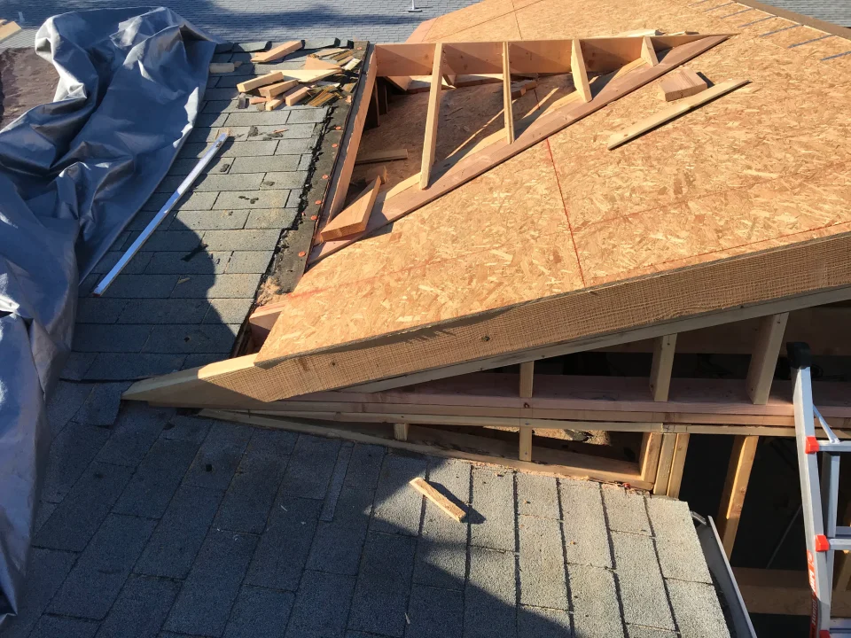 Roof framing and sheathing at the attached ADU