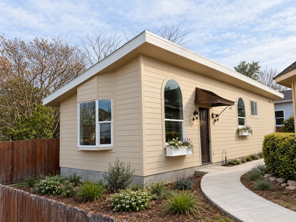 Completed detached ADU with an arched window and covered entry