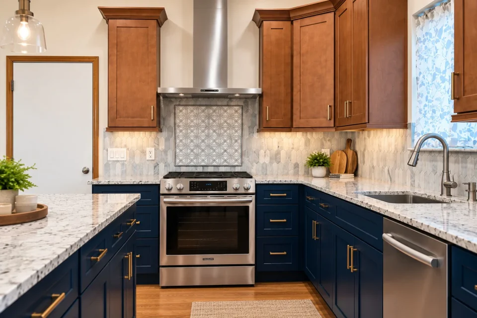 Kitchen range and patterned backsplash between wood cabinets