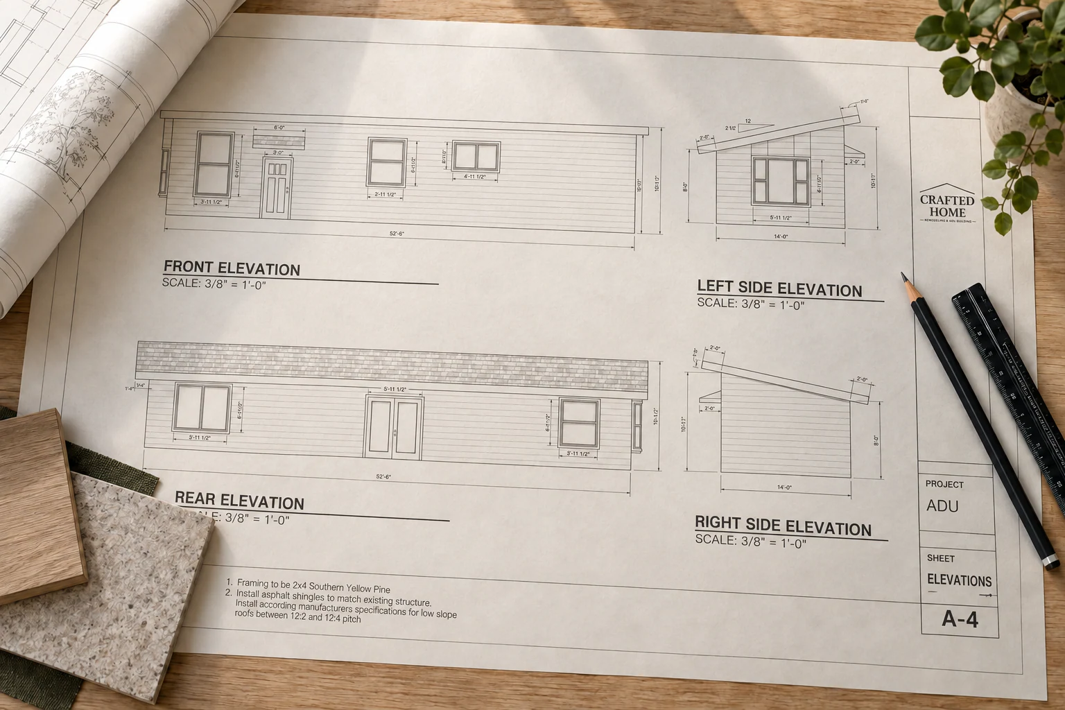 Illustration of ADU plans on a drafting table