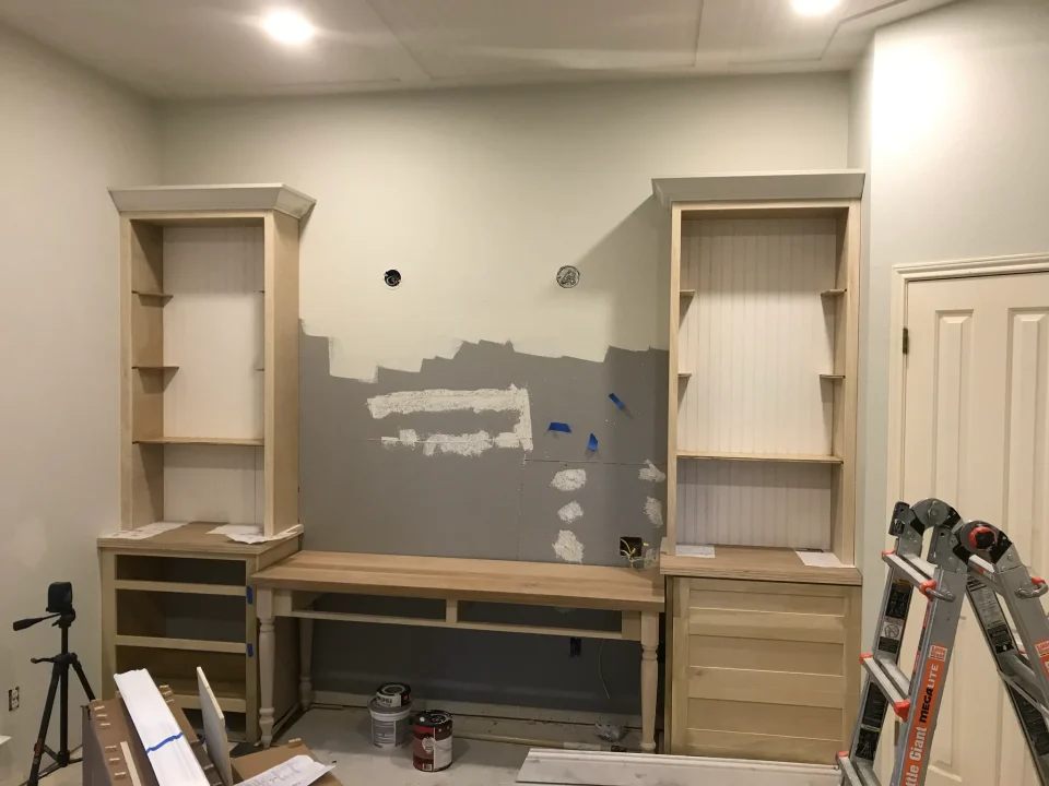 Built-in office shelving and desktop during construction