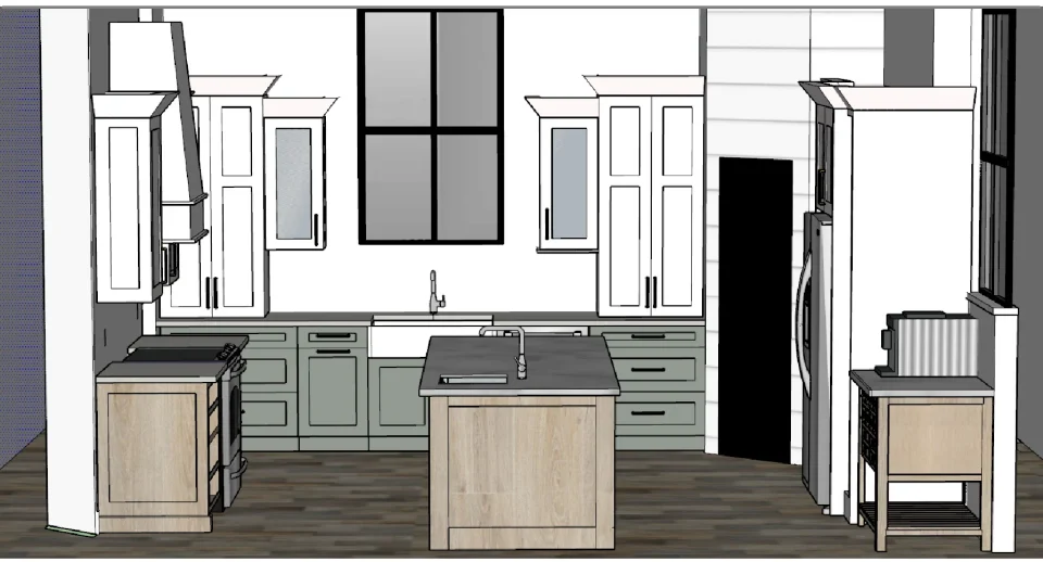 Kitchen design drawing showing the planned cabinetry and island