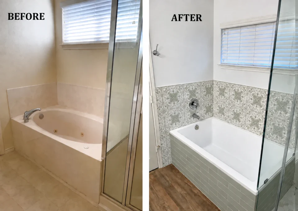 Before-and-after bathtub comparison: a beige jetted tub and surround, then a white tub with pale sage and patterned tile.