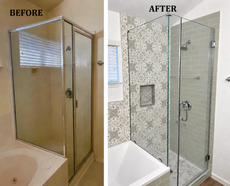 Before-and-after shower comparison: a framed beige enclosure, then a glass shower with pale sage subway tile and a patterned tile wall.