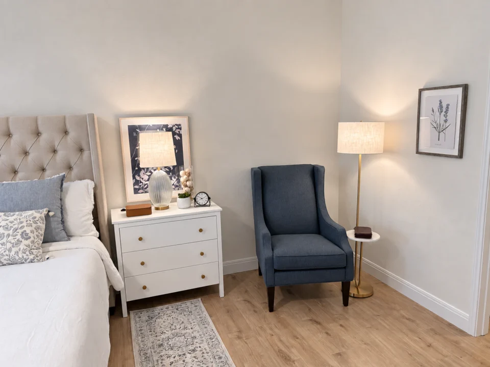 Bedside table and blue chair in the primary bedroom