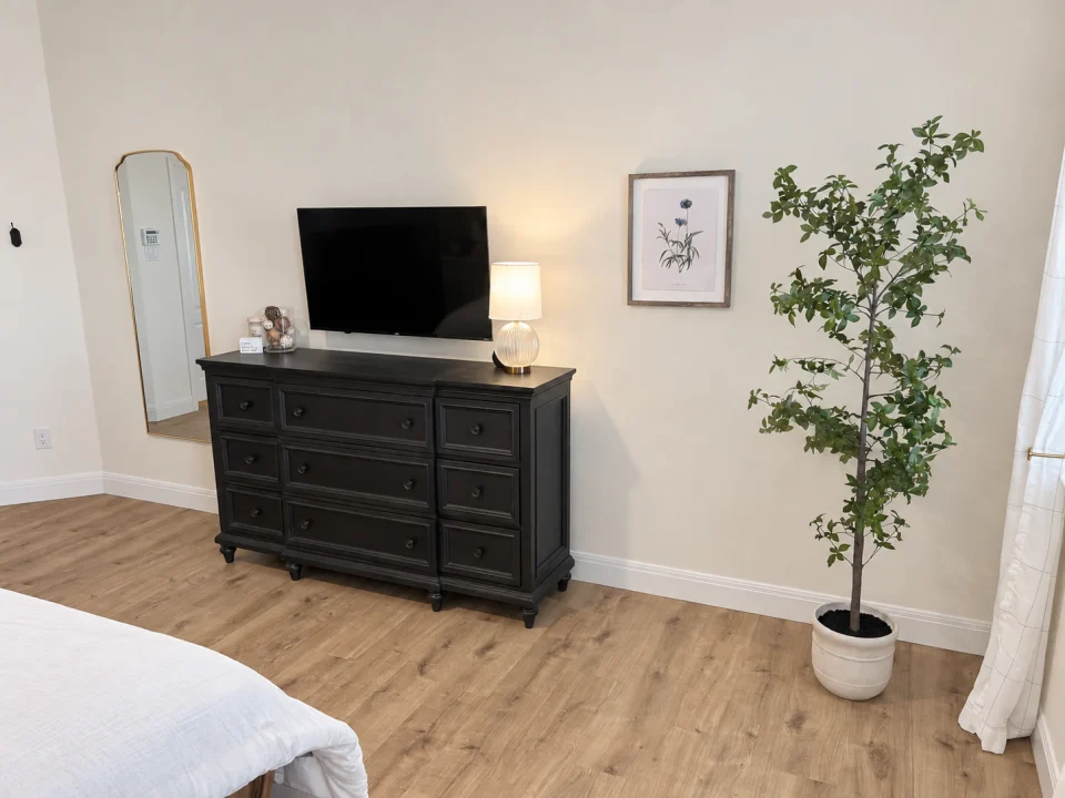 Dark bedroom dresser beside a potted tree