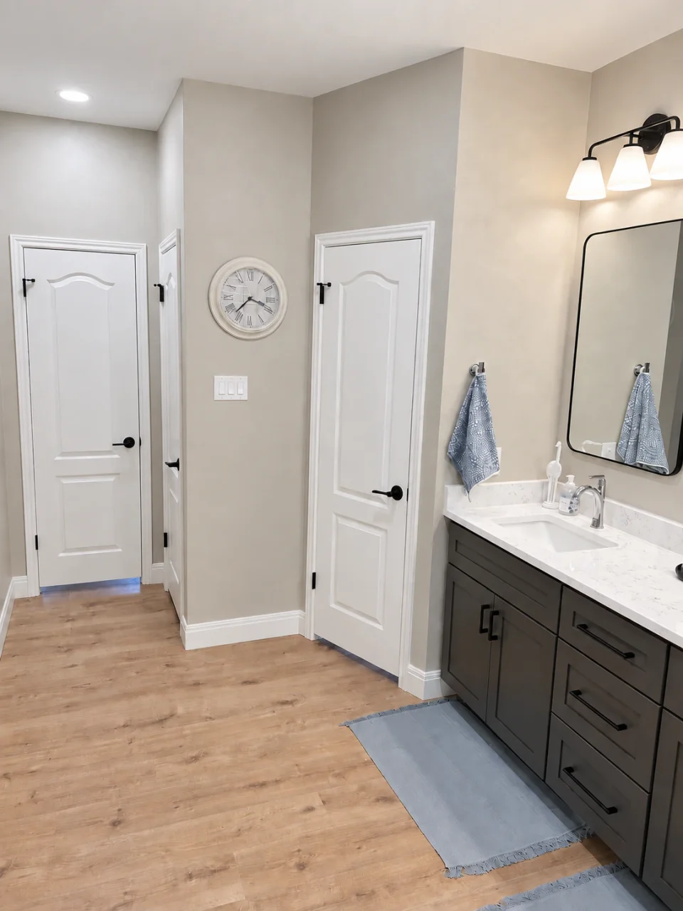 Primary bathroom storage and vanity beside the entry