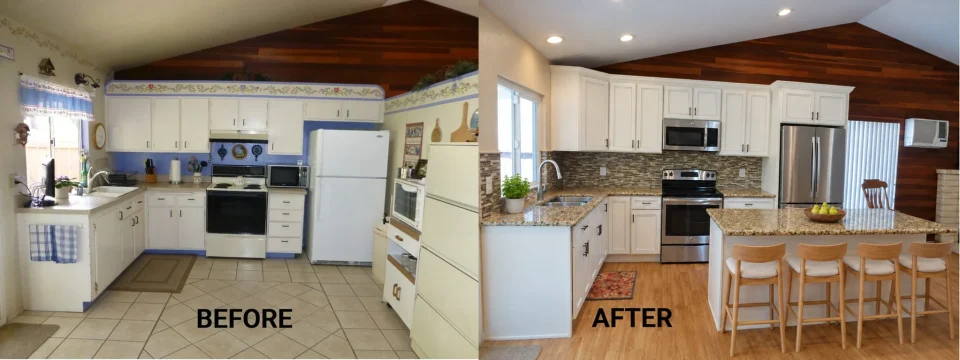 Before and after country kitchen renovation, showing updated cabinets, a stone island and mosaic backsplash