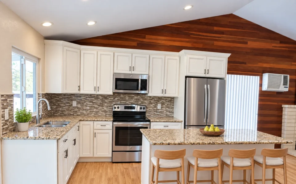 Country kitchen with cream cabinets, a stone island, oak stools, a stainless refrigerator and a wood accent wall