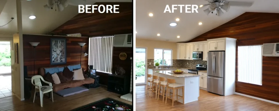 Before and after views of a living area converted into a country kitchen with an island and wood accent wall