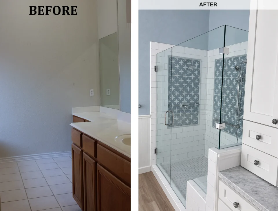 Before and after: traditional shower and vanity