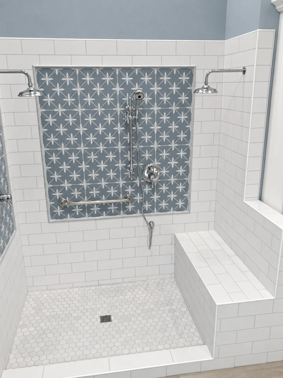 Traditional shower with patterned accent panels and corner bench