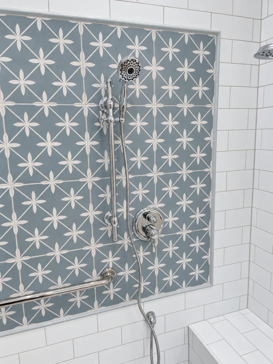 Decorative shower tile panel close up
