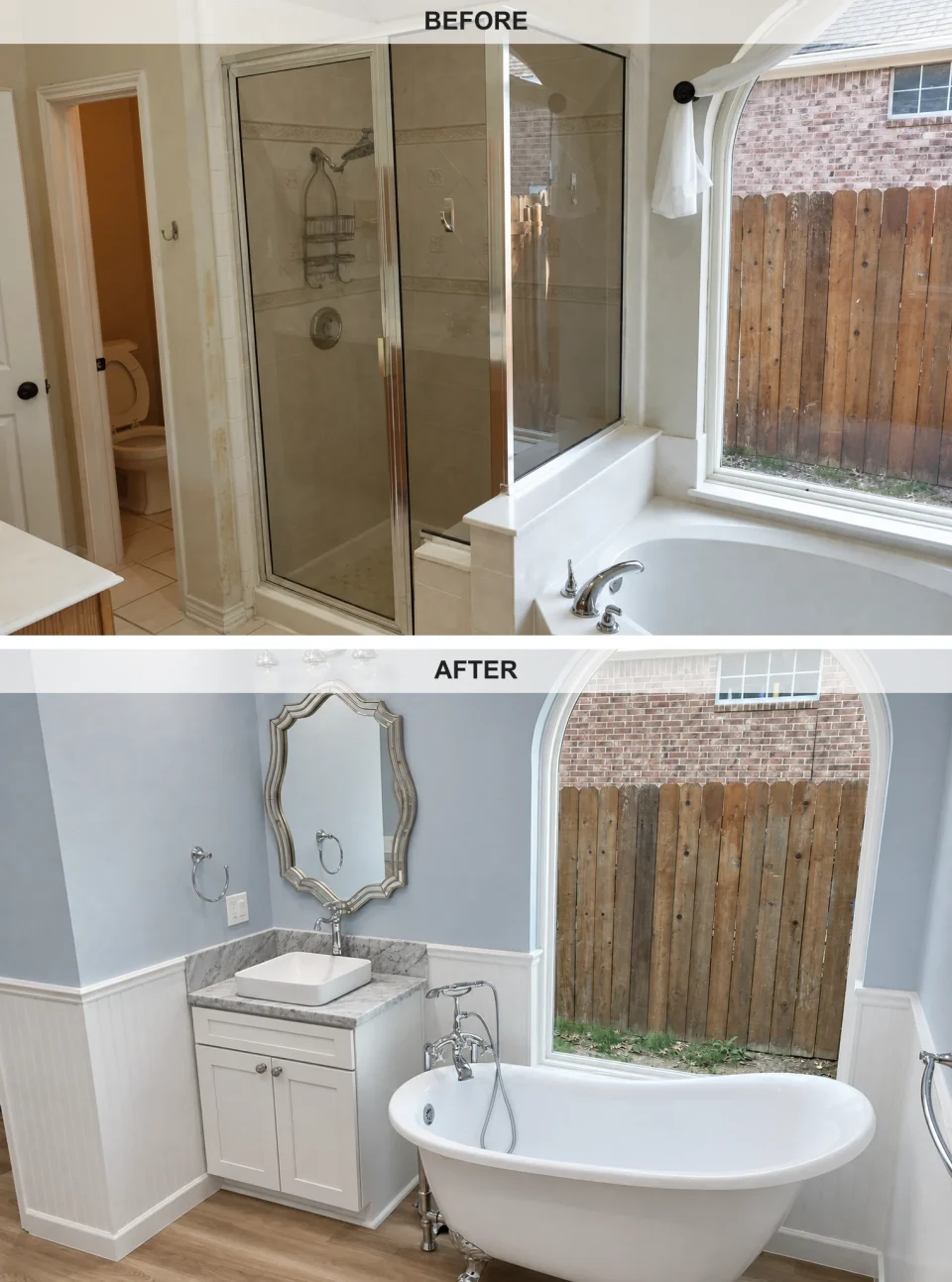 Before and after: traditional bathroom with clawfoot bathtub