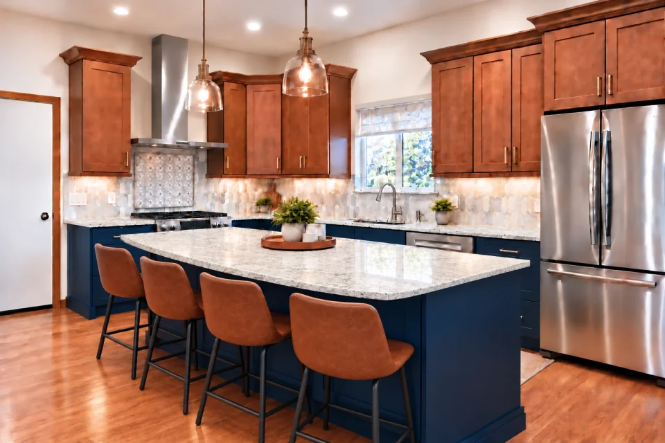 Warm wood cabinets and a navy blue kitchen island with four brown leather stools, glass pendant lights and stainless steel appliances