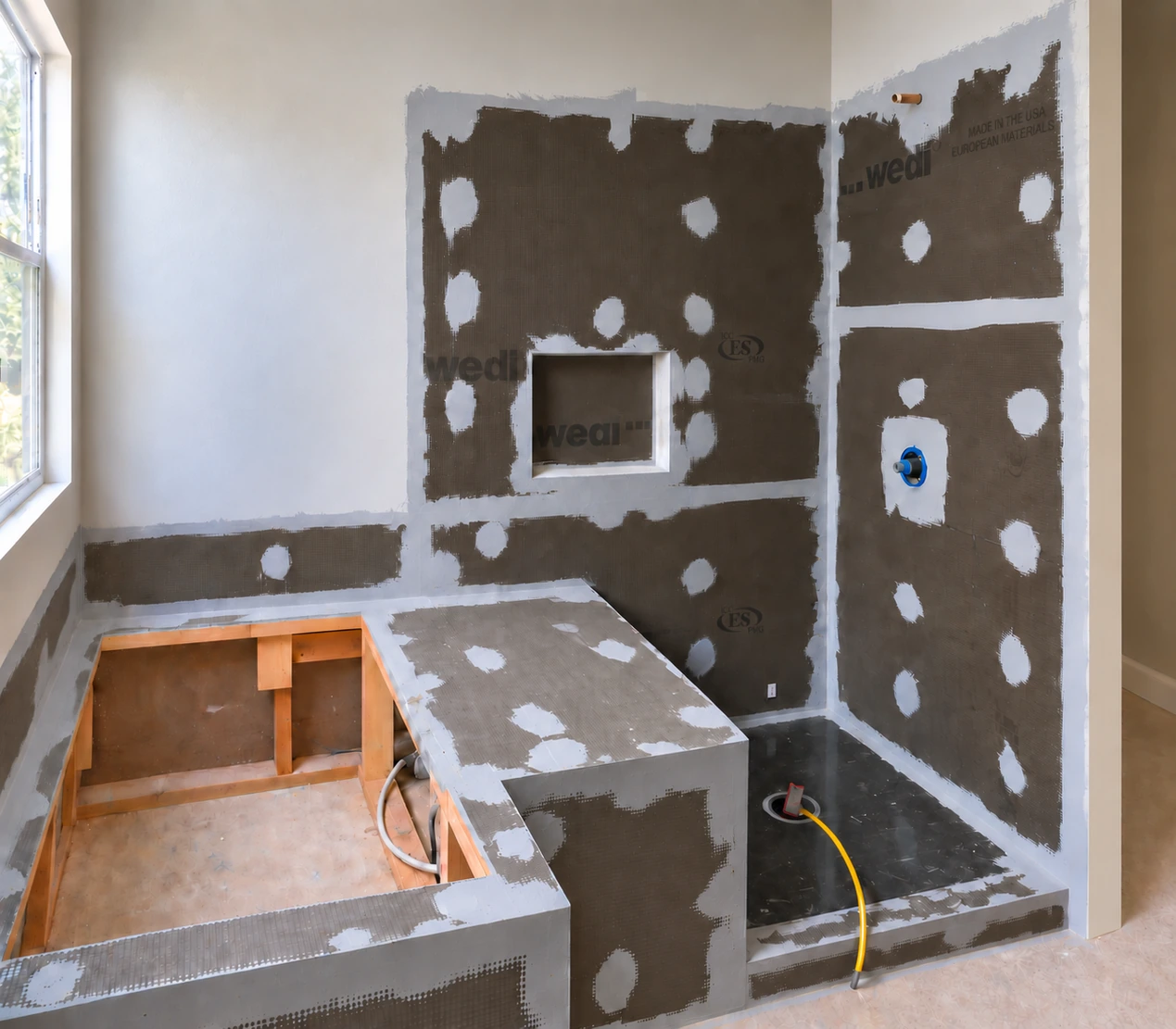 Bathroom during waterproofing and preparation before tile installation