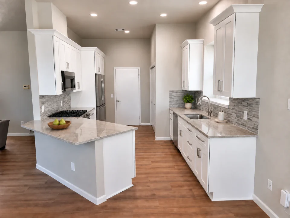 White kitchen with a peninsula, stainless-steel refrigerator, gray mosaic backsplash and a small fruit bowl