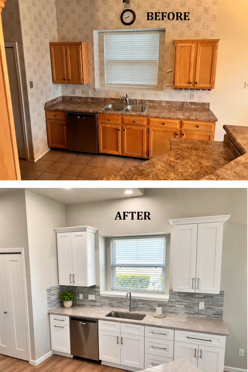 Before and after: white kitchen sink and cabinetry