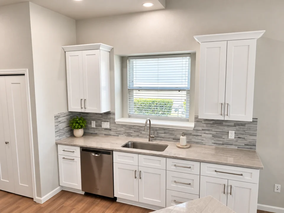 Kitchen sink beneath a window, with white cabinetry, a gray mosaic backsplash and a small potted herb